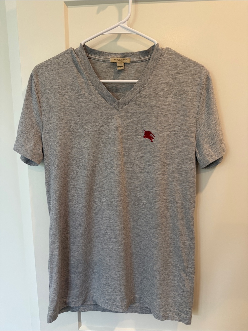 Burberry Grey V-Neck Short Sleeve Tee with Red Crest Logo